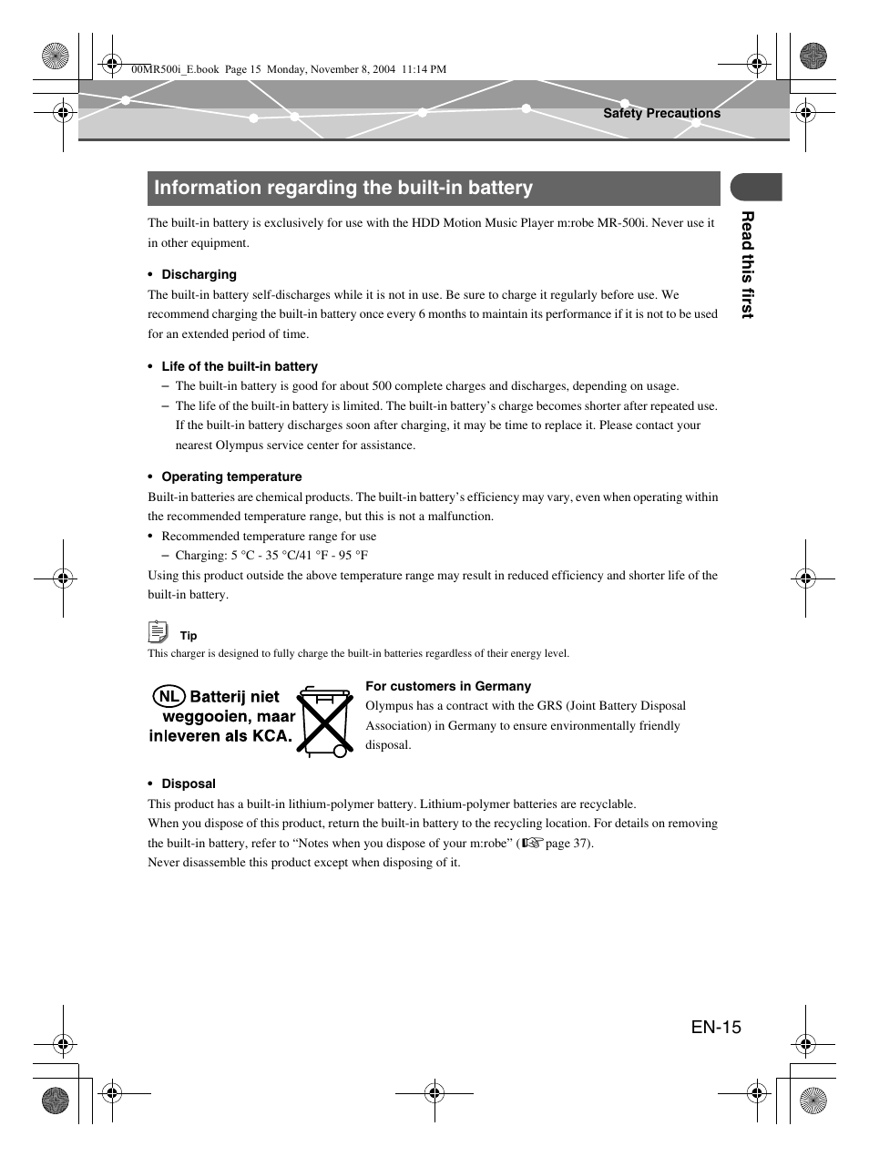 Information regarding the built-in battery, En-15 | Olympus mrobe 500 User Manual | Page 15 / 132