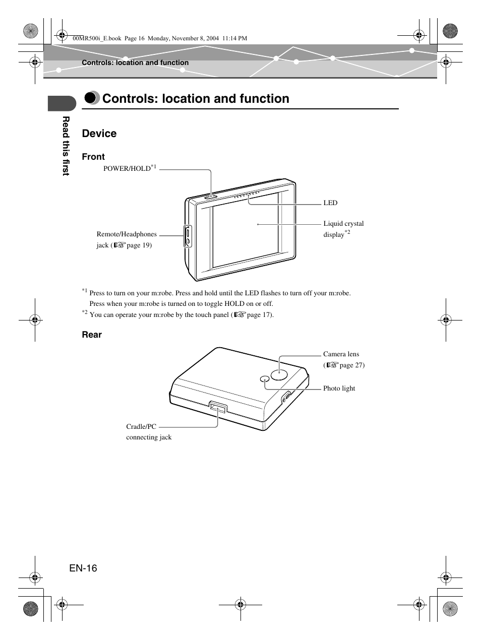 Controls: location and function, Device, En-16 | Olympus mrobe 500 User Manual | Page 16 / 132