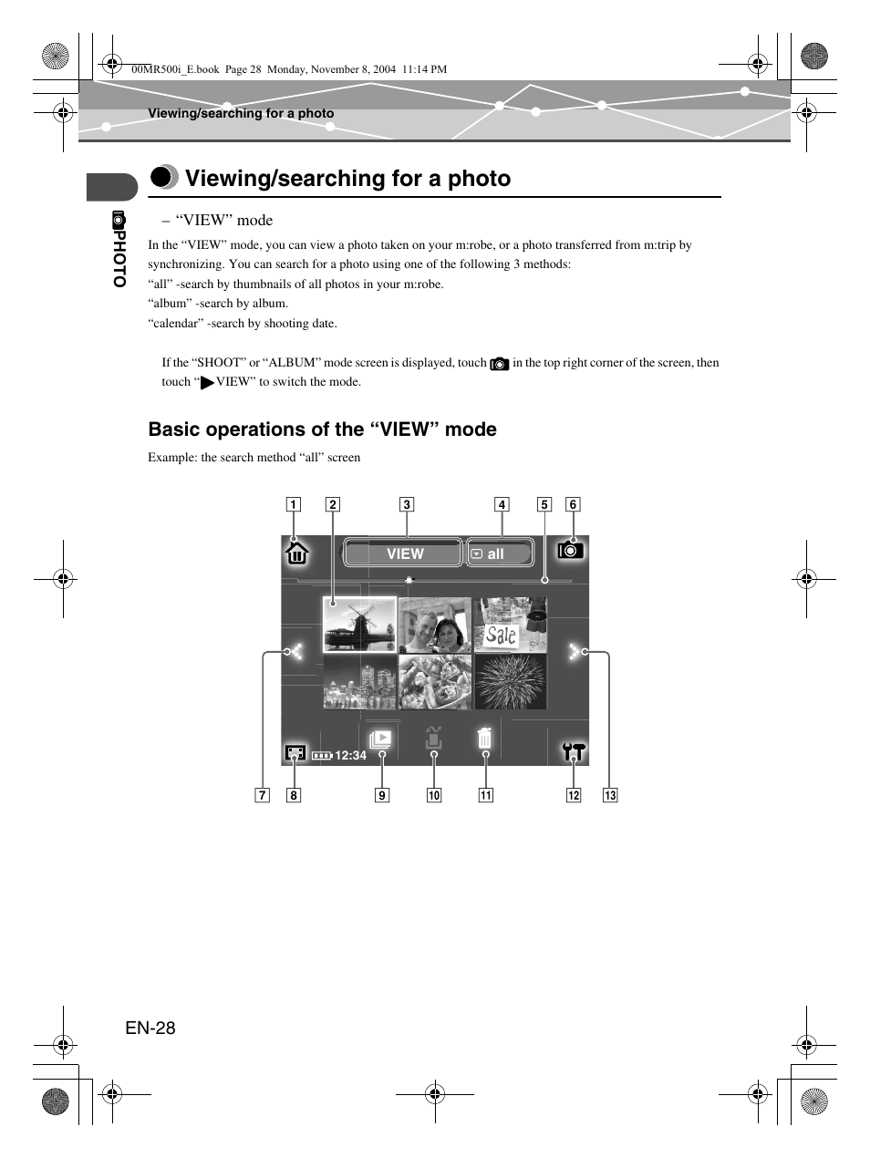 Viewing/searching for a photo, Basic operations of the “view” mode | Olympus mrobe 500 User Manual | Page 28 / 132