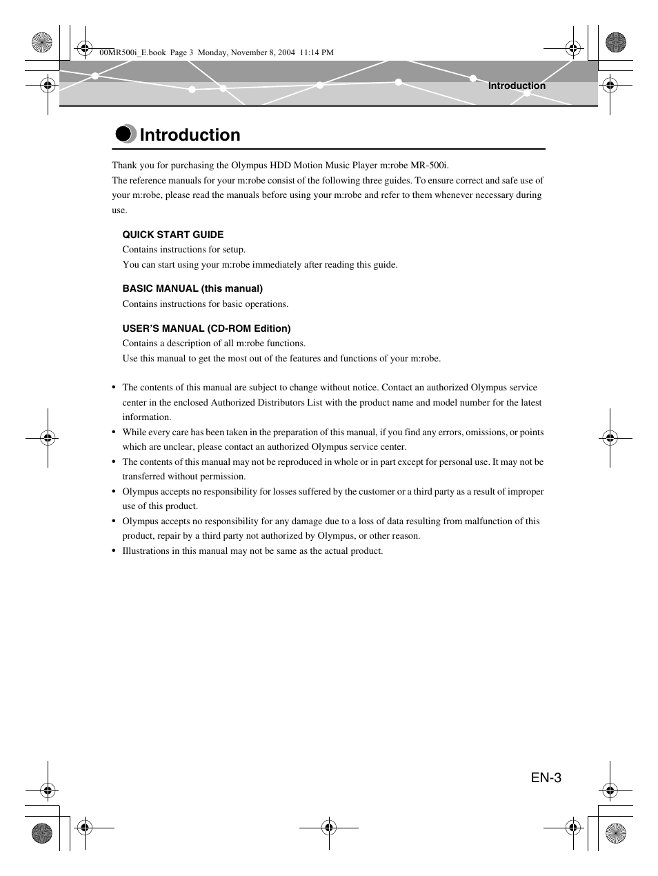 Introduction, En-3 | Olympus mrobe 500 User Manual | Page 3 / 132