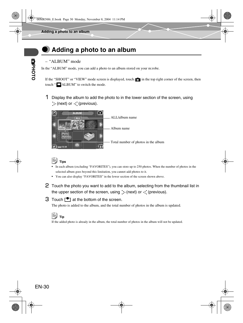 Adding a photo to an album, En-30 | Olympus mrobe 500 User Manual | Page 30 / 132