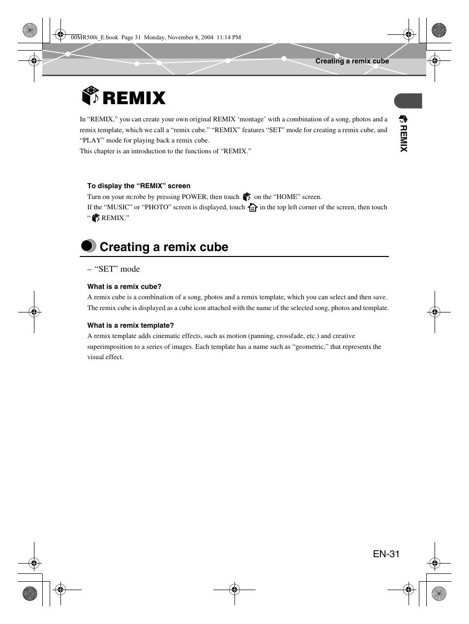 Remix, Creating a remix cube | Olympus mrobe 500 User Manual | Page 31 / 132