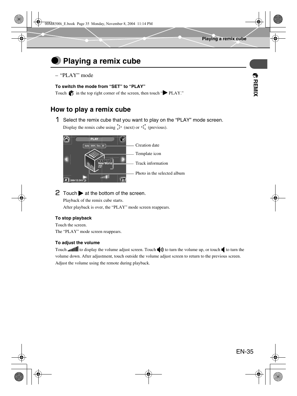 Playing a remix cube, How to play a remix cube 1, En-35 | Olympus mrobe 500 User Manual | Page 35 / 132