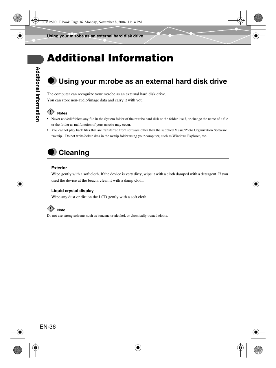 Additional information, Using your m:robe as an external hard disk drive, Cleaning | Olympus mrobe 500 User Manual | Page 36 / 132