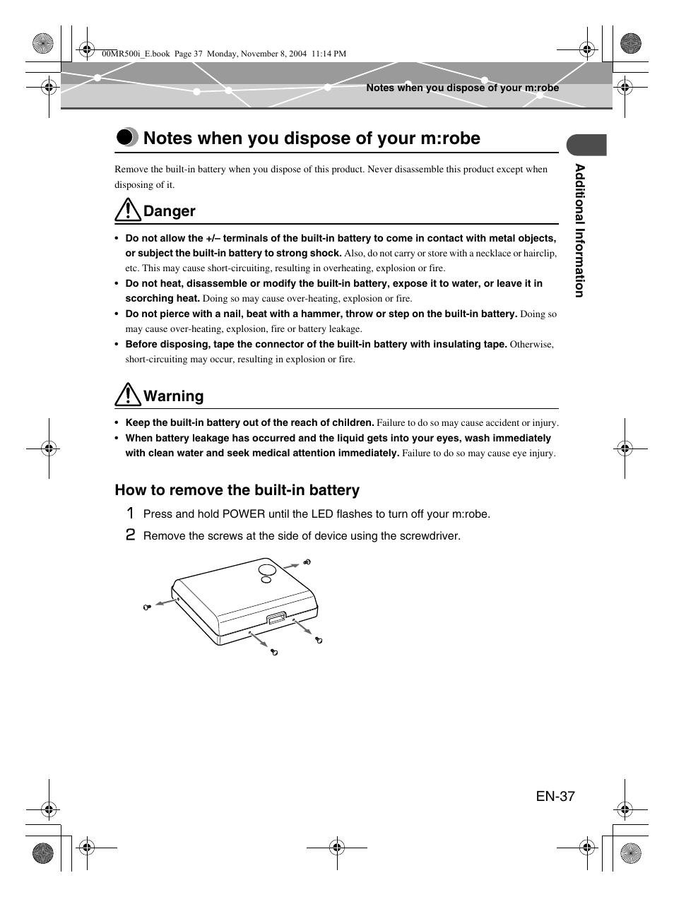 Warning, How to remove the built-in battery 1, Danger | Olympus mrobe 500 User Manual | Page 37 / 132