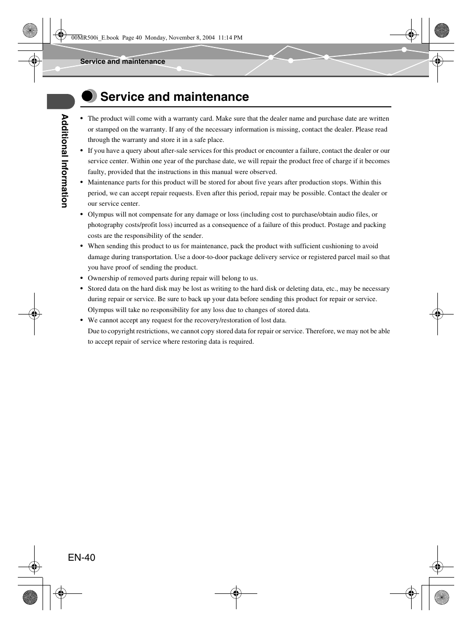 Service and maintenance, En-40 | Olympus mrobe 500 User Manual | Page 40 / 132