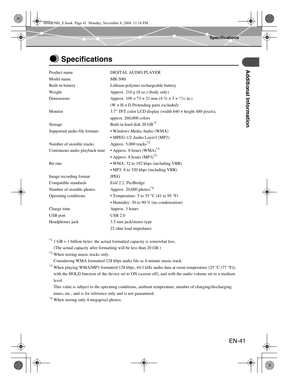 Specifications, En-41 | Olympus mrobe 500 User Manual | Page 41 / 132