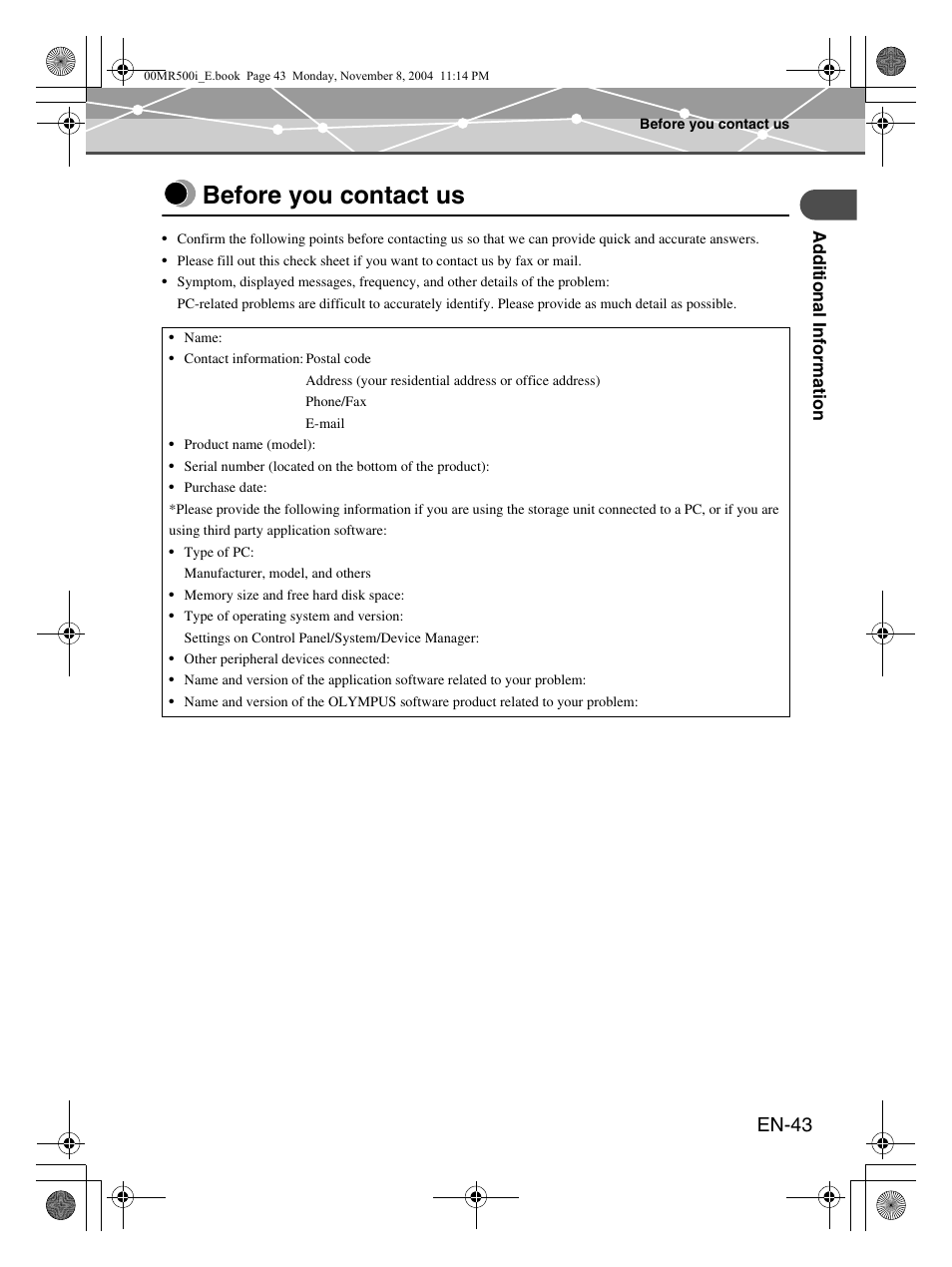 Before you contact us, En-43 | Olympus mrobe 500 User Manual | Page 43 / 132