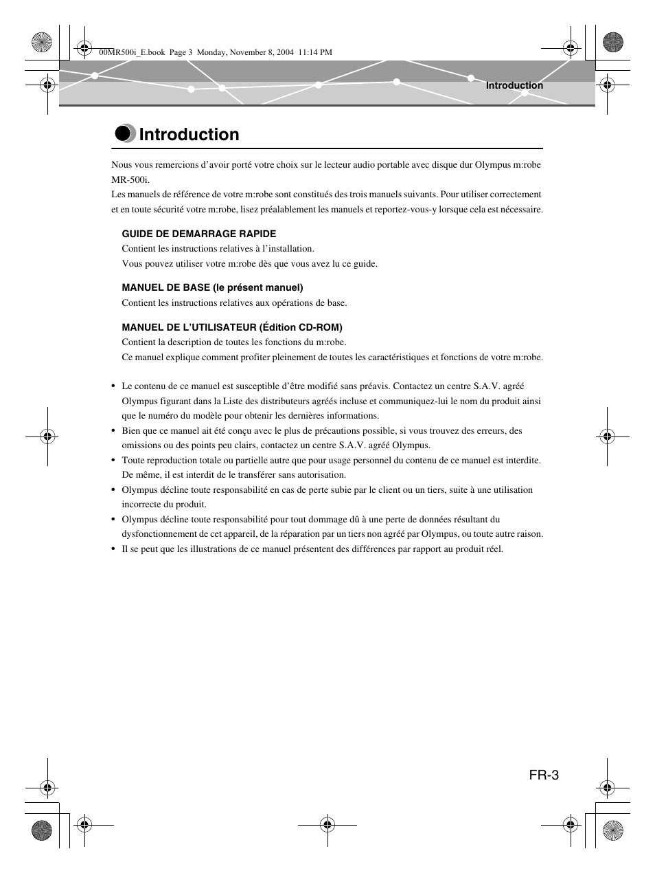 Introduction, Fr-3 | Olympus mrobe 500 User Manual | Page 45 / 132