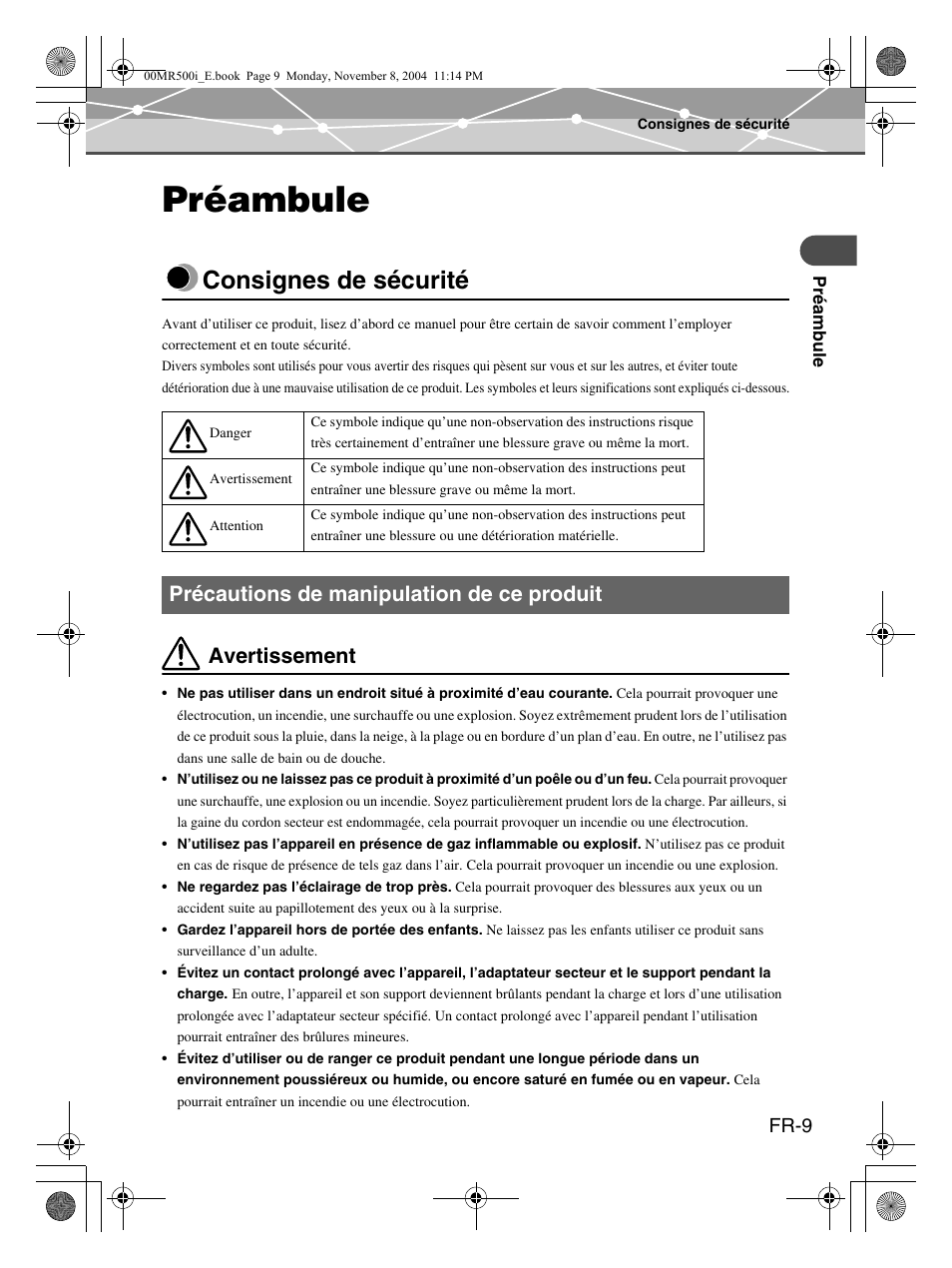 Préambule, Consignes de sécurité, Avertissement | Précautions de manipulation de ce produit, Fr-9 | Olympus mrobe 500 User Manual | Page 51 / 132