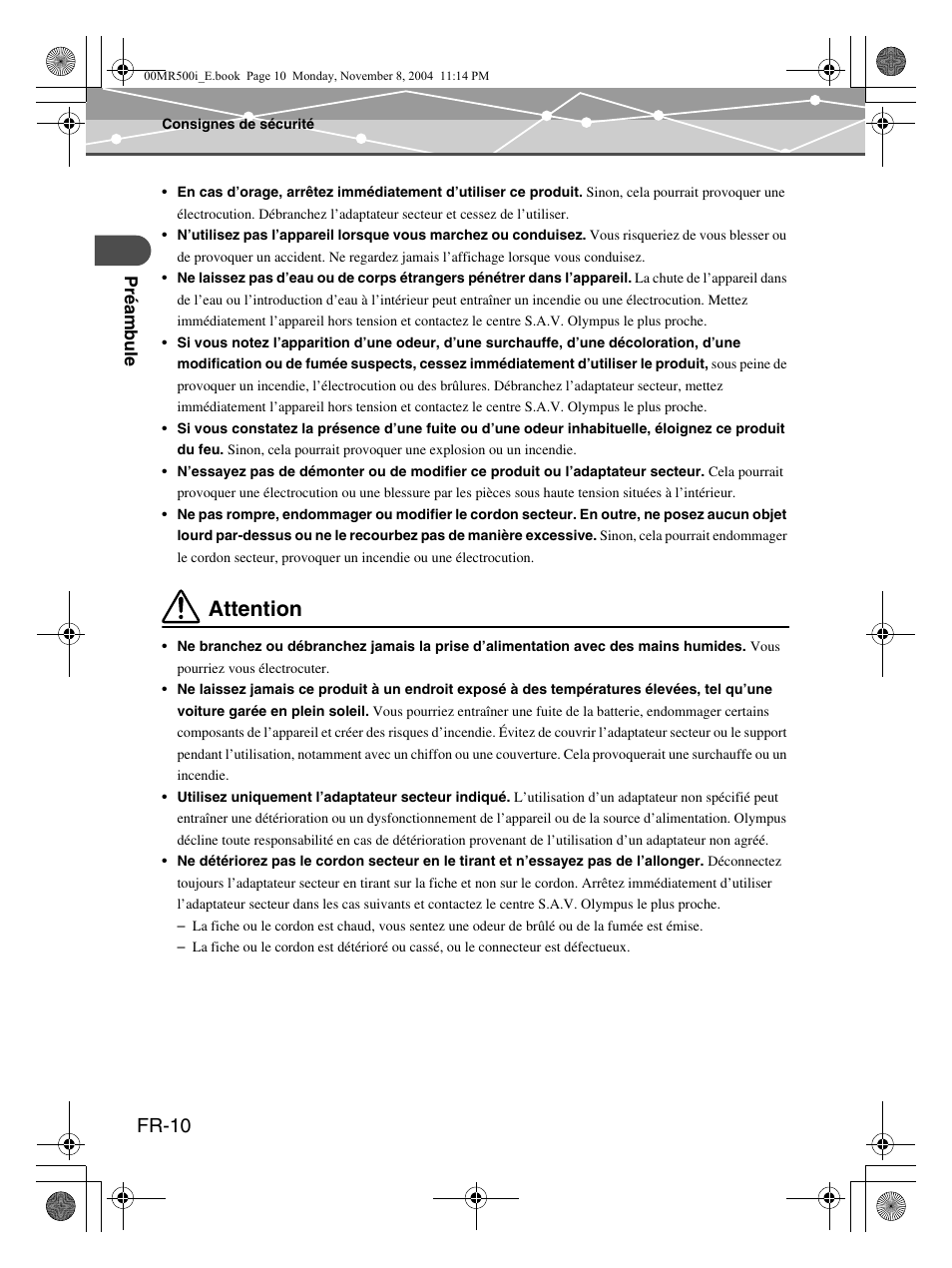 Attention, Fr-10 | Olympus mrobe 500 User Manual | Page 52 / 132