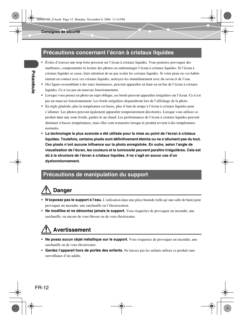 Danger, Avertissement, Fr-12 | Olympus mrobe 500 User Manual | Page 54 / 132