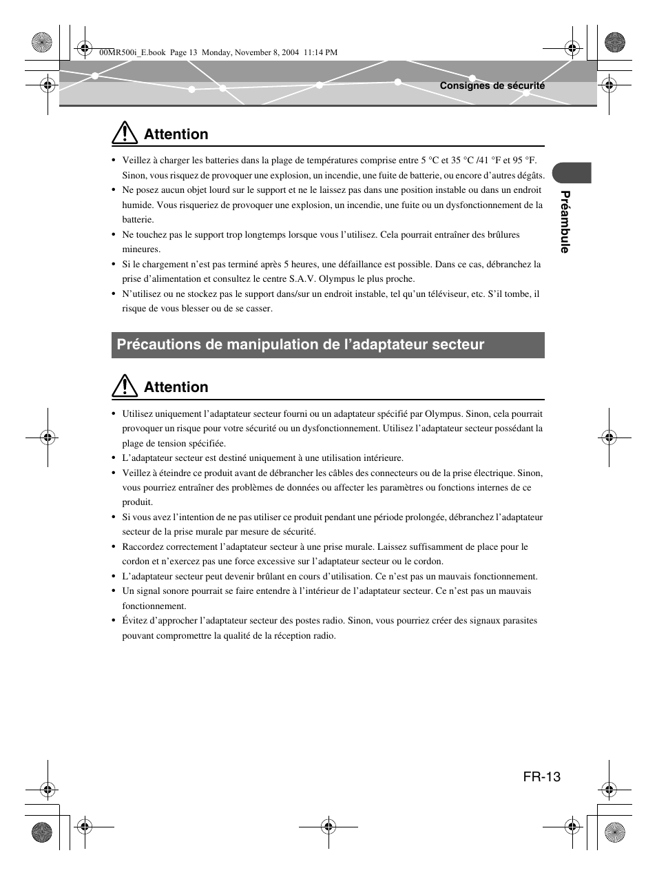 Attention, Fr-13 | Olympus mrobe 500 User Manual | Page 55 / 132