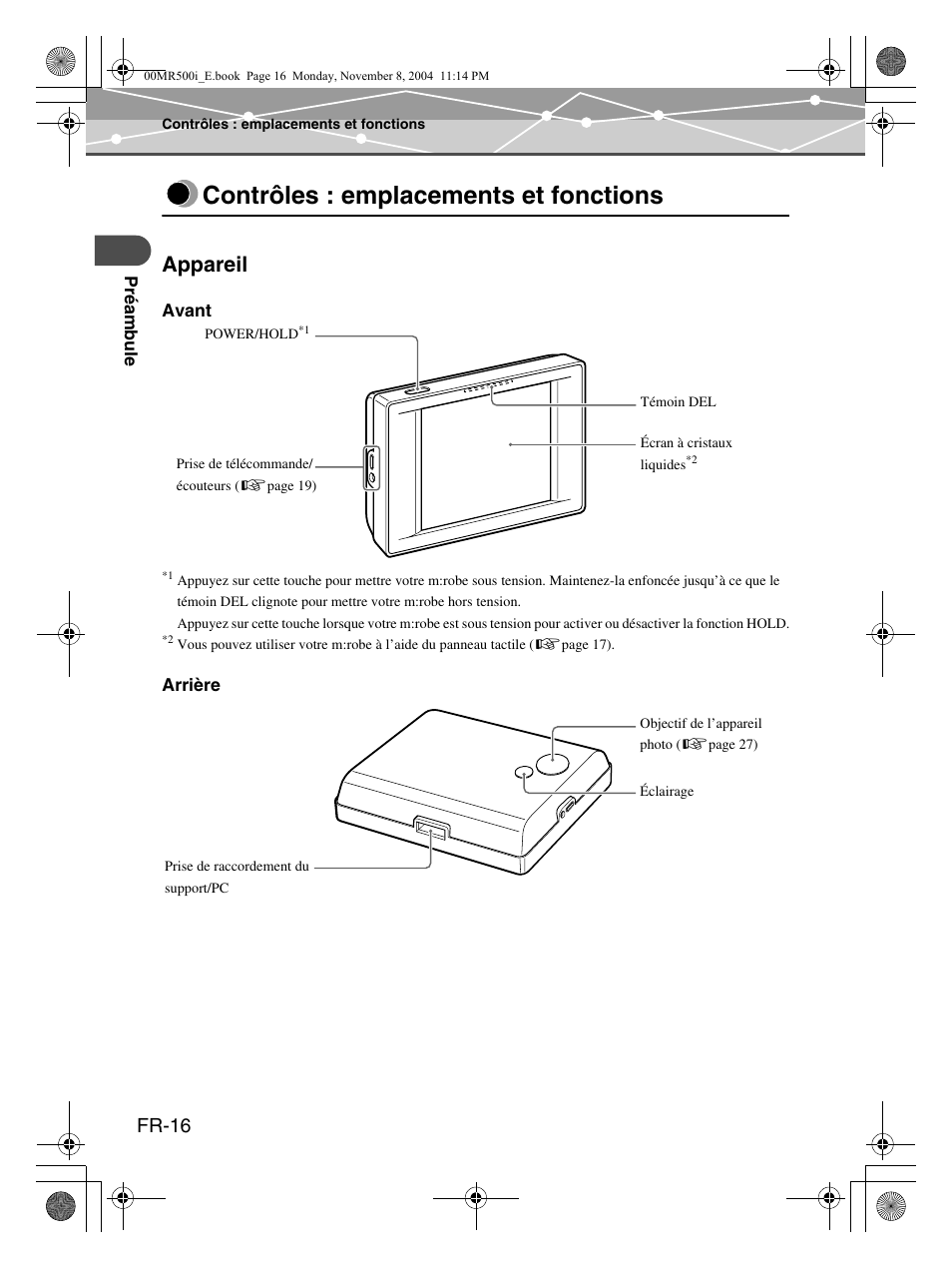 Contrôles : emplacements et fonctions, Appareil, Fr-16 | Olympus mrobe 500 User Manual | Page 58 / 132