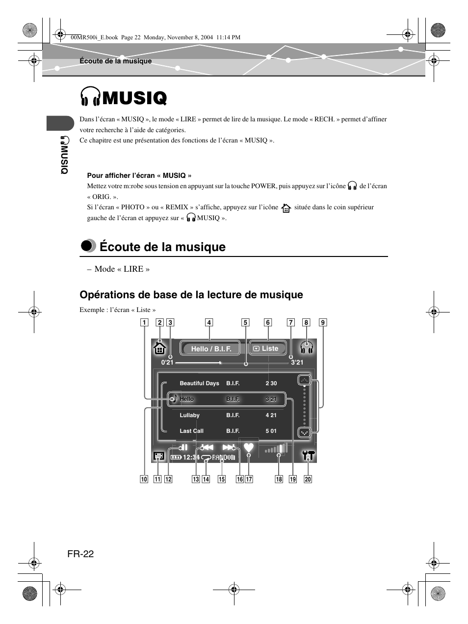 Musiq, Écoute de la musique, Opérations de base de la lecture de musique | Fr-22 | Olympus mrobe 500 User Manual | Page 64 / 132