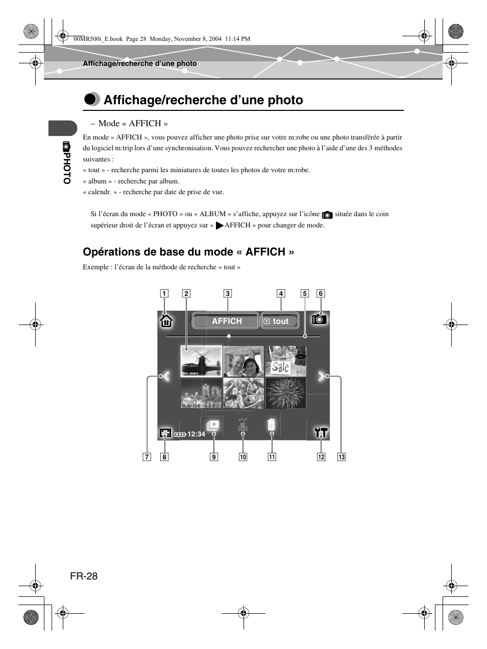 Affichage/recherche d’une photo, Opérations de base du mode « affich | Olympus mrobe 500 User Manual | Page 70 / 132