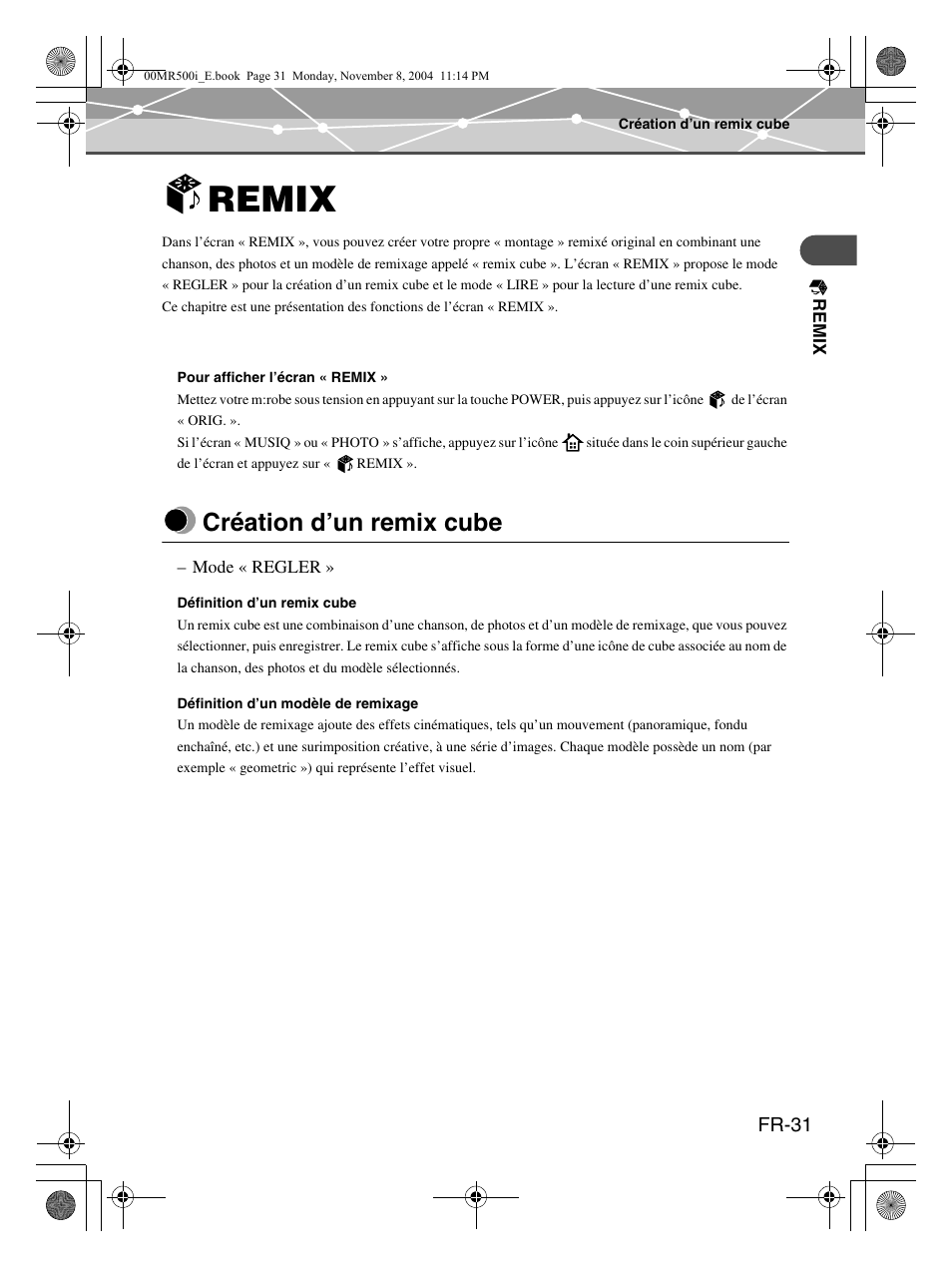 Remix, Création d’un remix cube, Fr-31 | Olympus mrobe 500 User Manual | Page 73 / 132