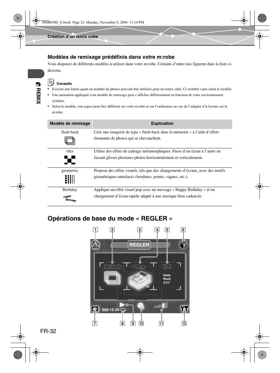 Opérations de base du mode « regler, Fr-32 | Olympus mrobe 500 User Manual | Page 74 / 132