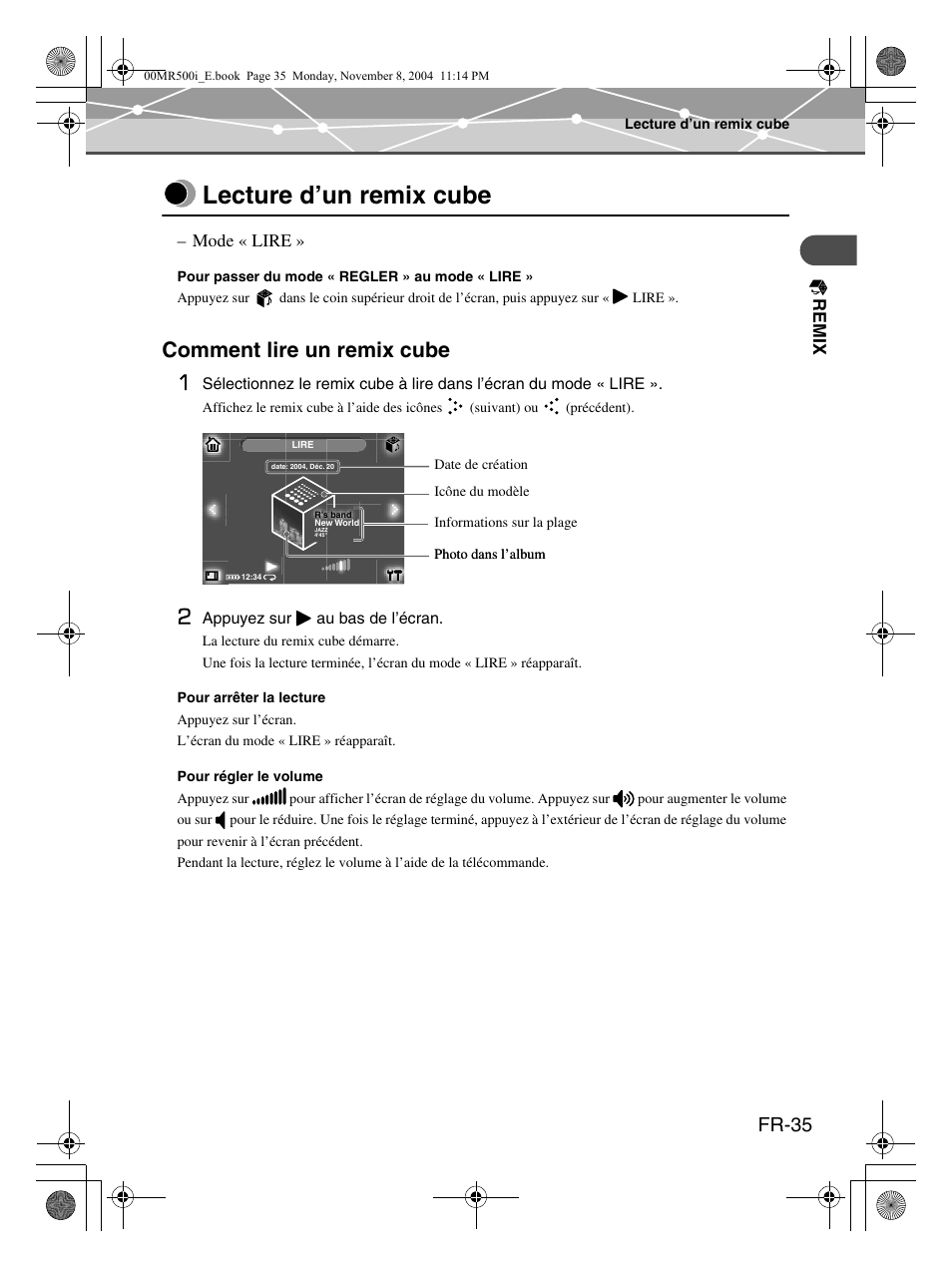 Lecture d’un remix cube, Comment lire un remix cube 1, Fr-35 | Olympus mrobe 500 User Manual | Page 77 / 132