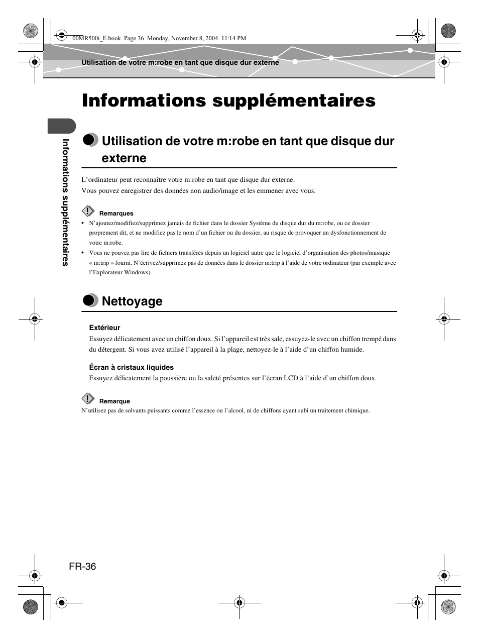 Informations supplémentaires, Nettoyage | Olympus mrobe 500 User Manual | Page 78 / 132