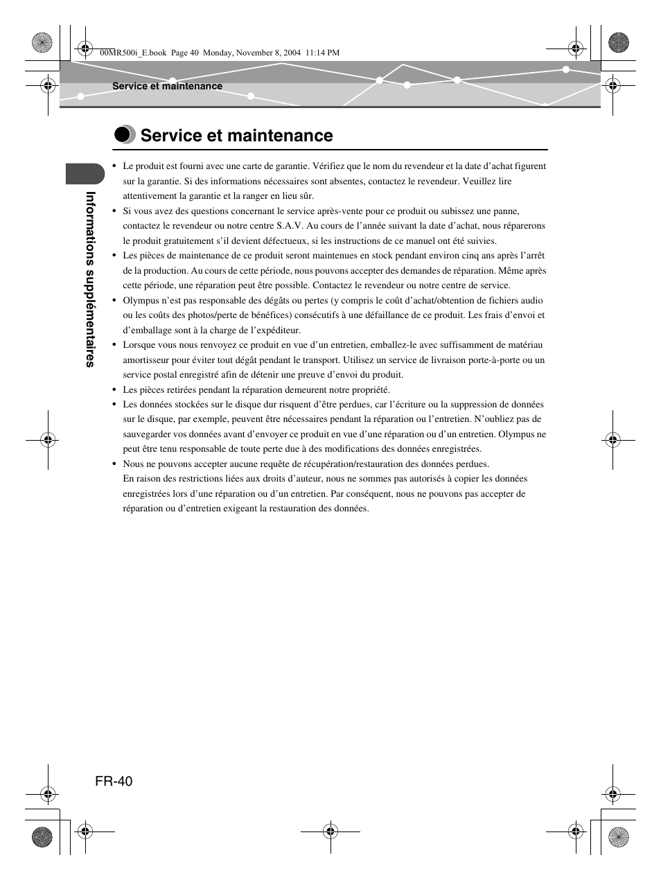 Service et maintenance, Fr-40 | Olympus mrobe 500 User Manual | Page 82 / 132