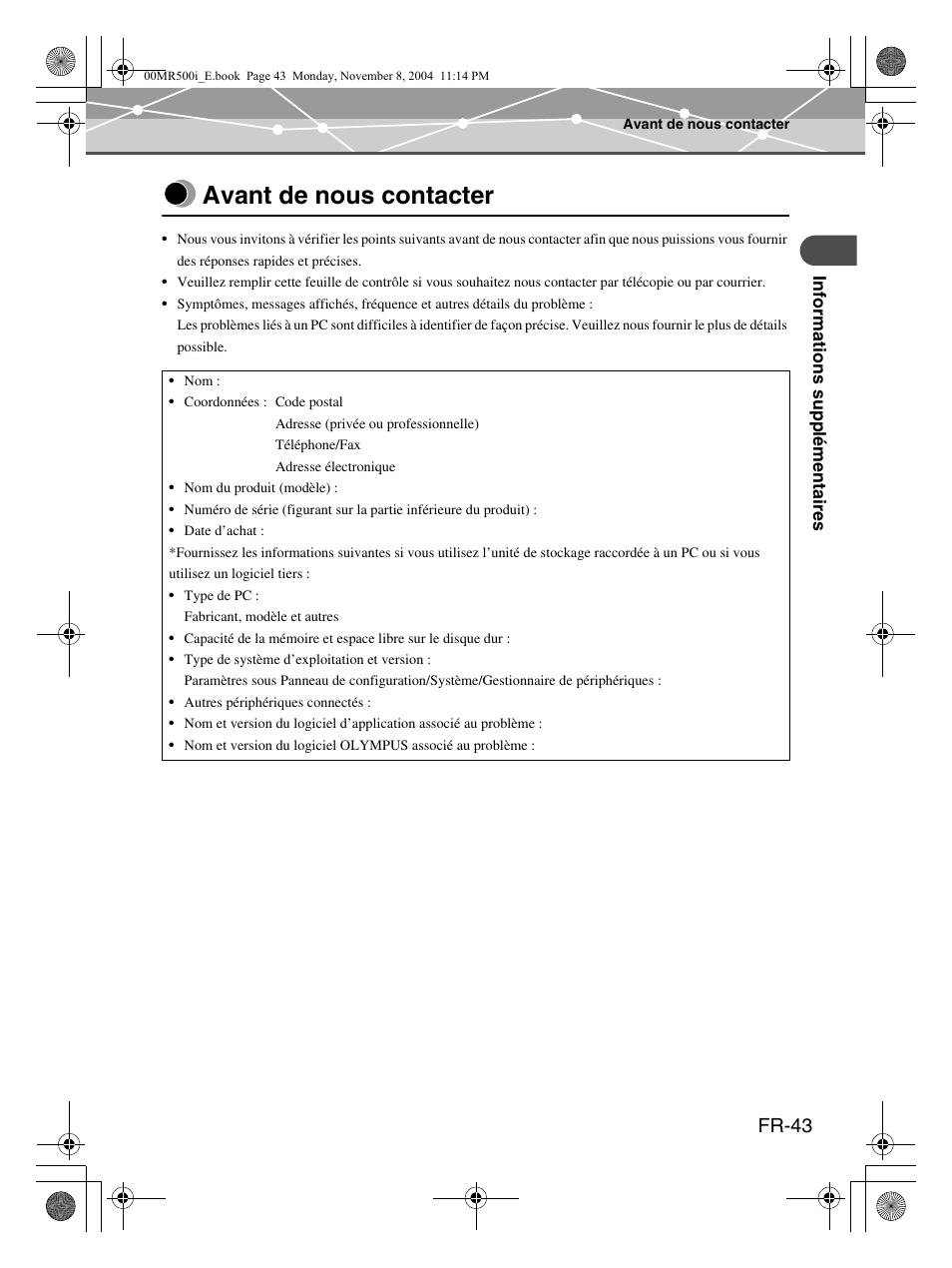 Avant de nous contacter, Fr-43 | Olympus mrobe 500 User Manual | Page 85 / 132