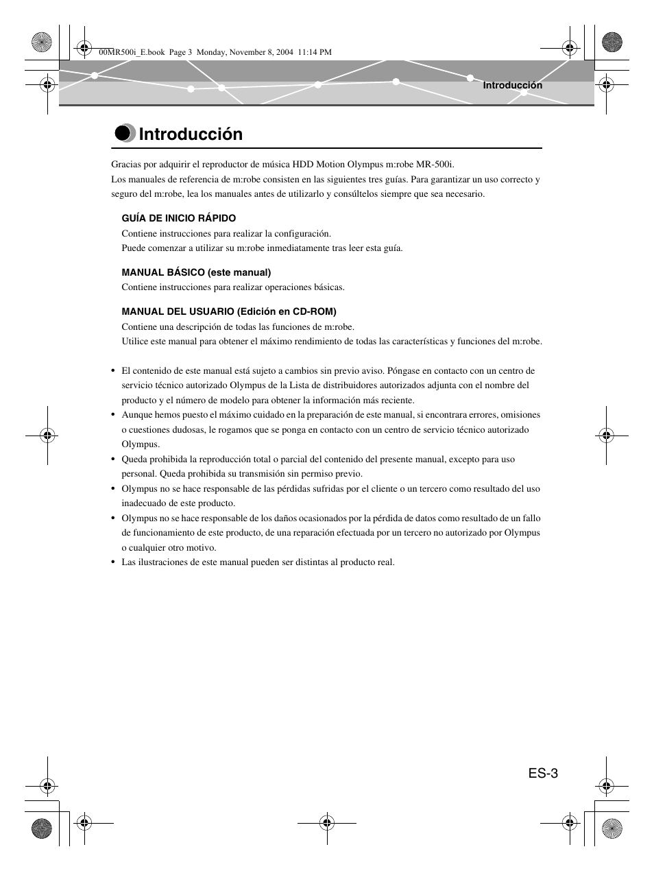 Introducción, Es-3 | Olympus mrobe 500 User Manual | Page 87 / 132