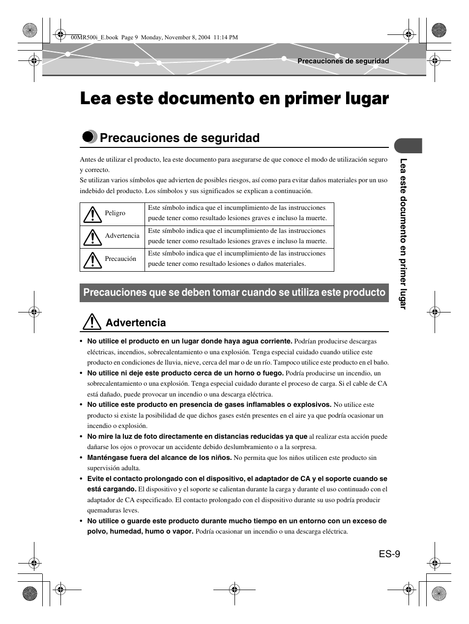 Lea este documento en primer lugar, Precauciones de seguridad, Advertencia | Olympus mrobe 500 User Manual | Page 93 / 132