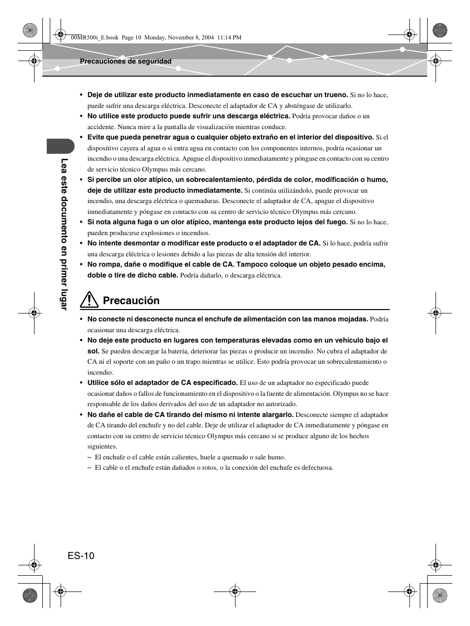 Precaución, Es-10 | Olympus mrobe 500 User Manual | Page 94 / 132
