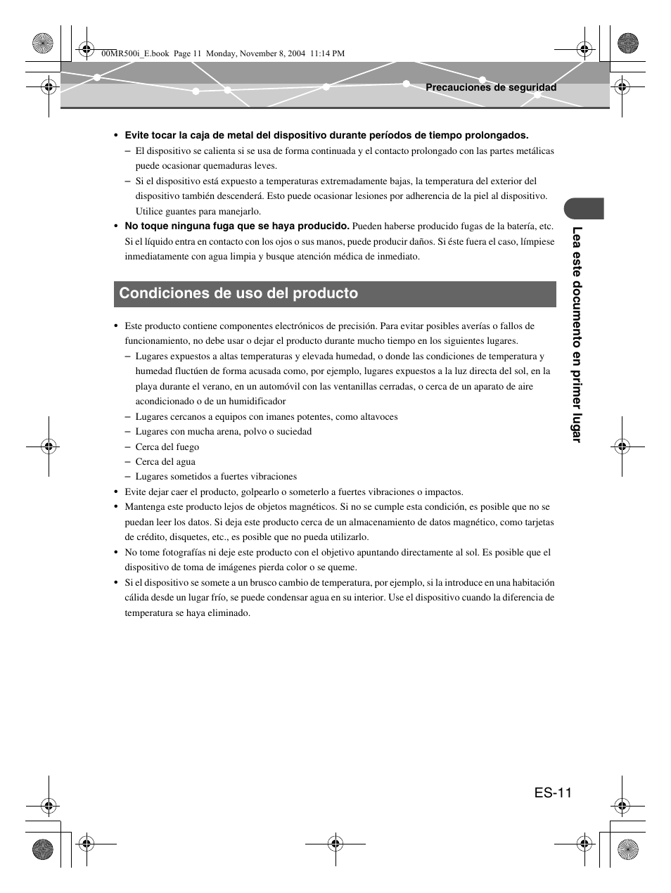 Condiciones de uso del producto, Es-11 | Olympus mrobe 500 User Manual | Page 95 / 132