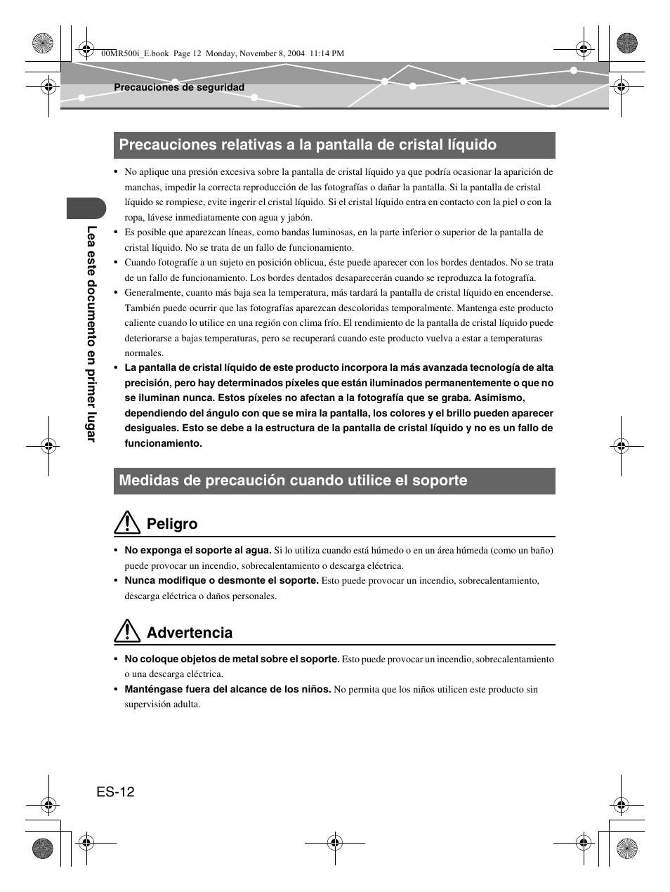 Peligro, Advertencia, Es-12 | Olympus mrobe 500 User Manual | Page 96 / 132