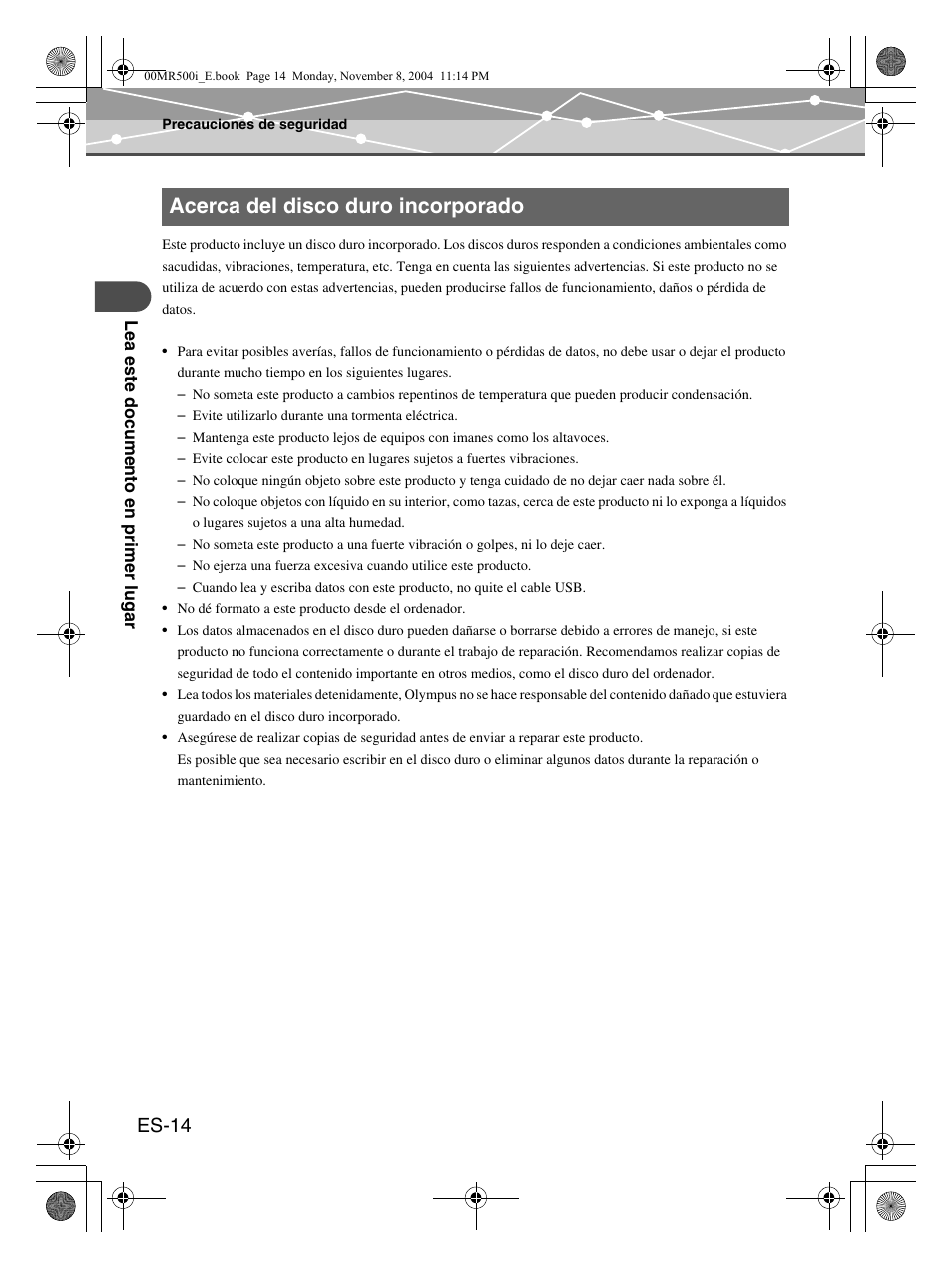 Acerca del disco duro incorporado, Es-14 | Olympus mrobe 500 User Manual | Page 98 / 132