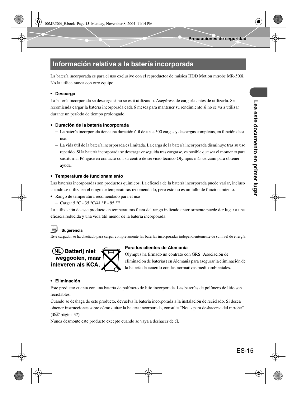 Información relativa a la batería incorporada, Es-15 | Olympus mrobe 500 User Manual | Page 99 / 132