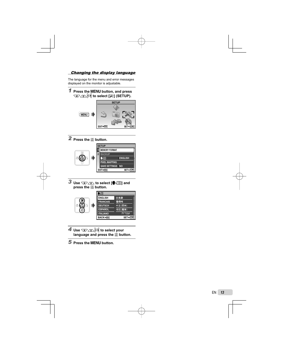 Changing the display language | Olympus FE-25 User Manual | Page 13 / 62