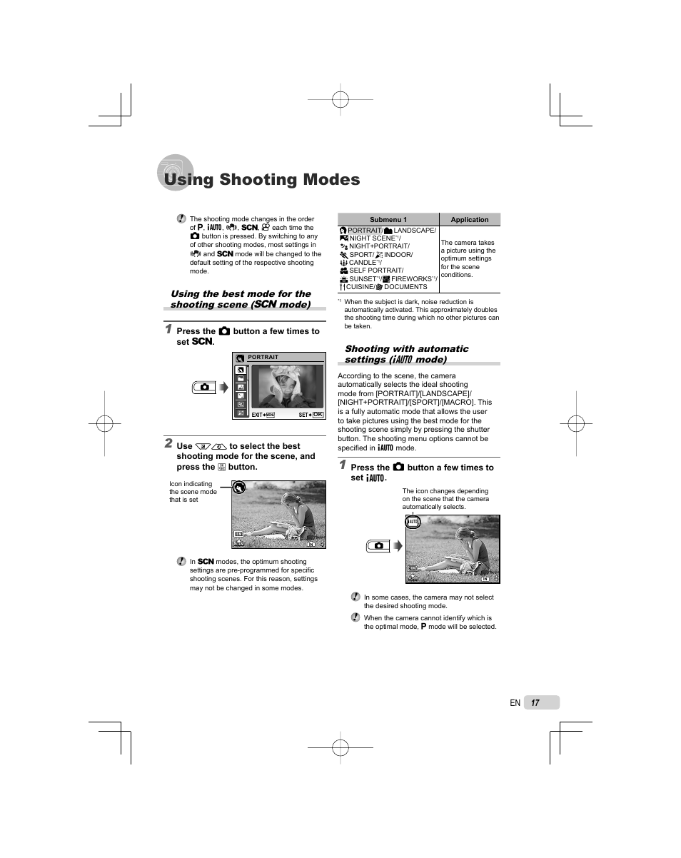 Using shooting modes, Shooting with automatic settings ( g mode) | Olympus FE-25 User Manual | Page 17 / 62