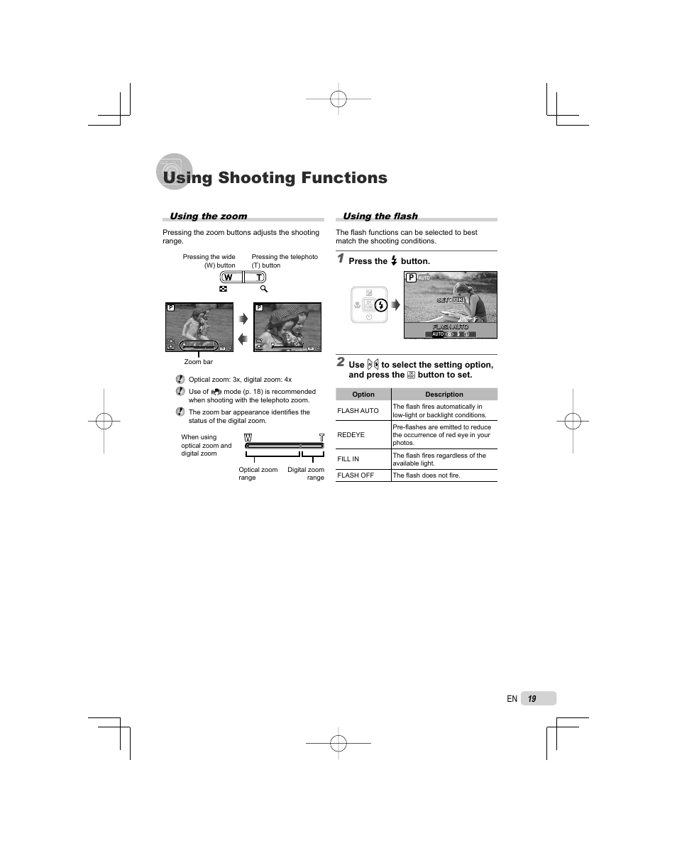 Using shooting functions, Using the fl ash, Using the zoom | Press the # button | Olympus FE-25 User Manual | Page 19 / 62