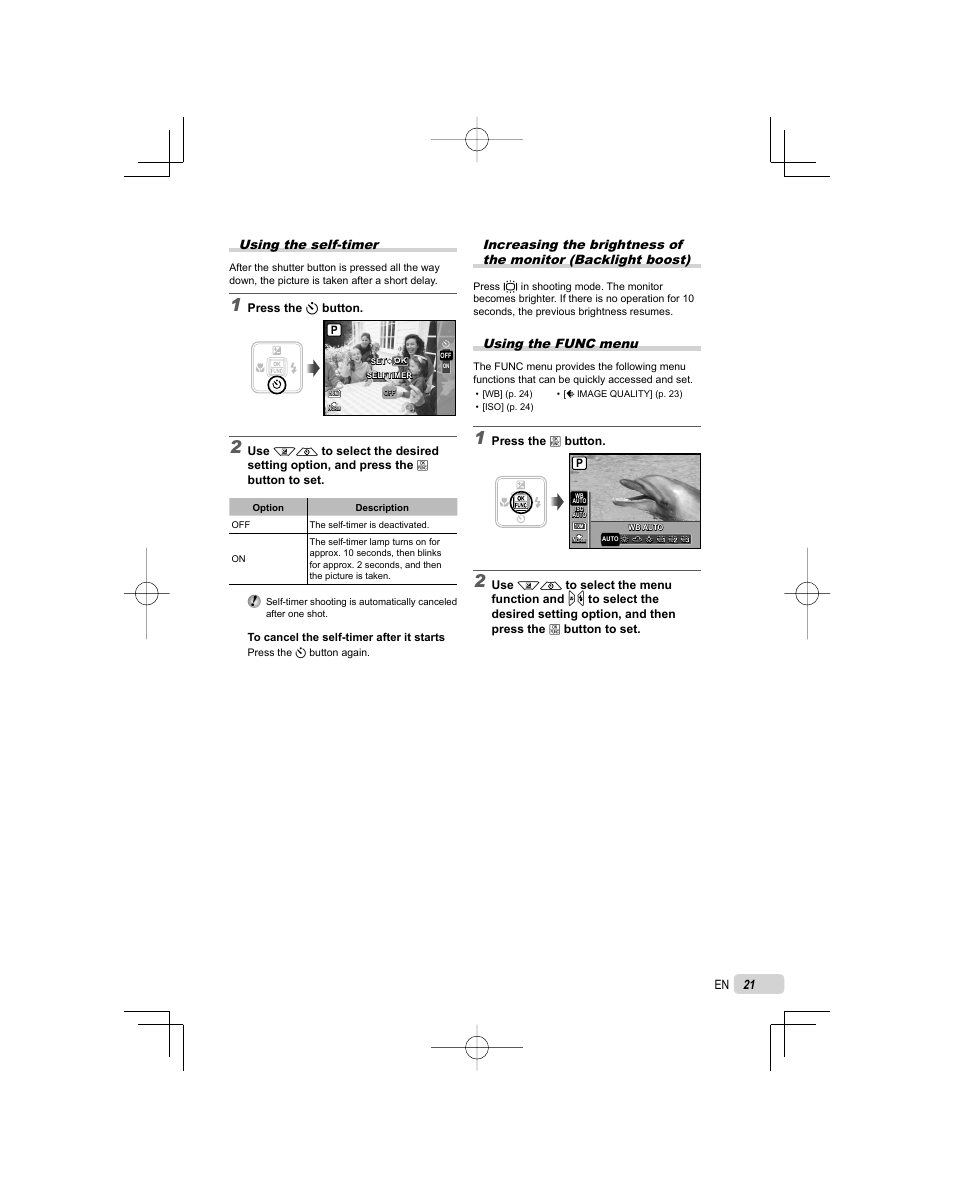 Using the self-timer, Using the func menu | Olympus FE-25 User Manual | Page 21 / 62
