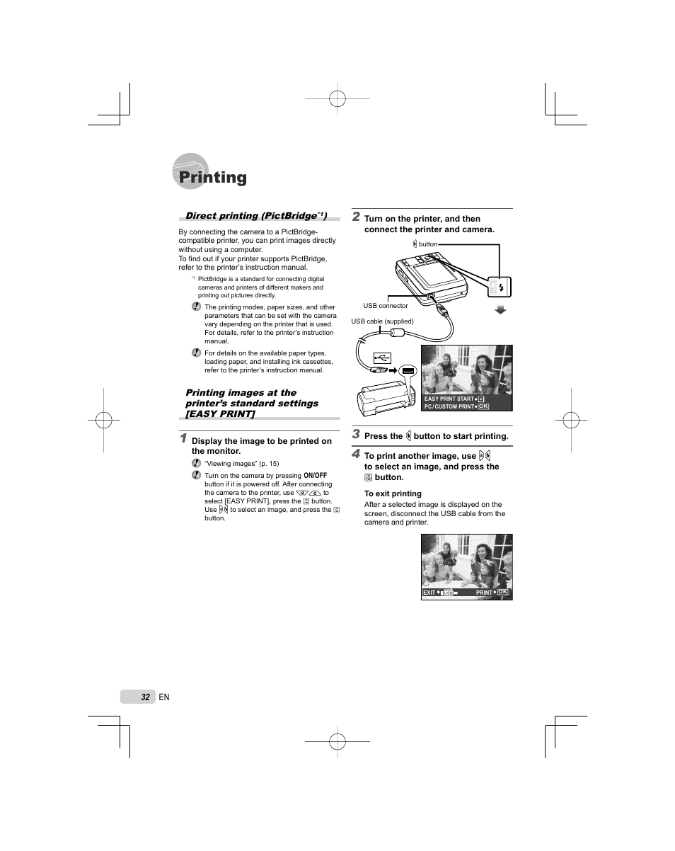 Printing, Direct printing ( pictbridge | Olympus FE-25 User Manual | Page 32 / 62