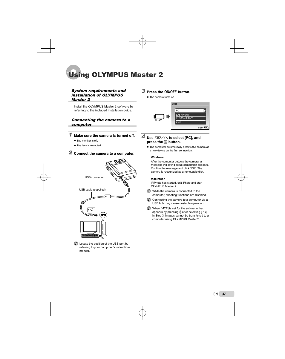 Using olympus master 2, Connecting the camera to a computer | Olympus FE-25 User Manual | Page 37 / 62