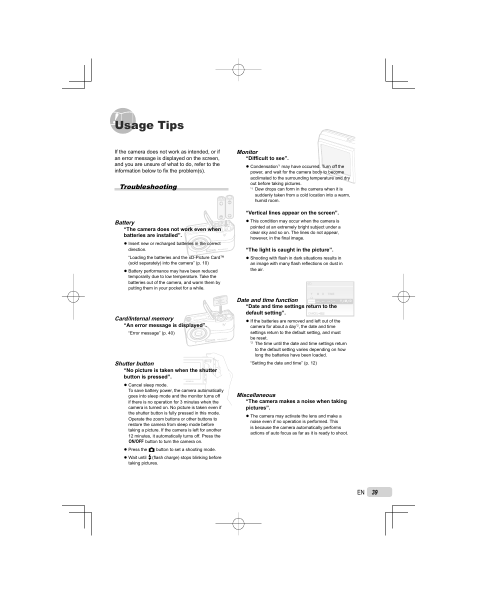 Usage tips, Troubleshooting, Battery | Shutter button, Monitor, Date and time function, Miscellaneous | Olympus FE-25 User Manual | Page 39 / 62