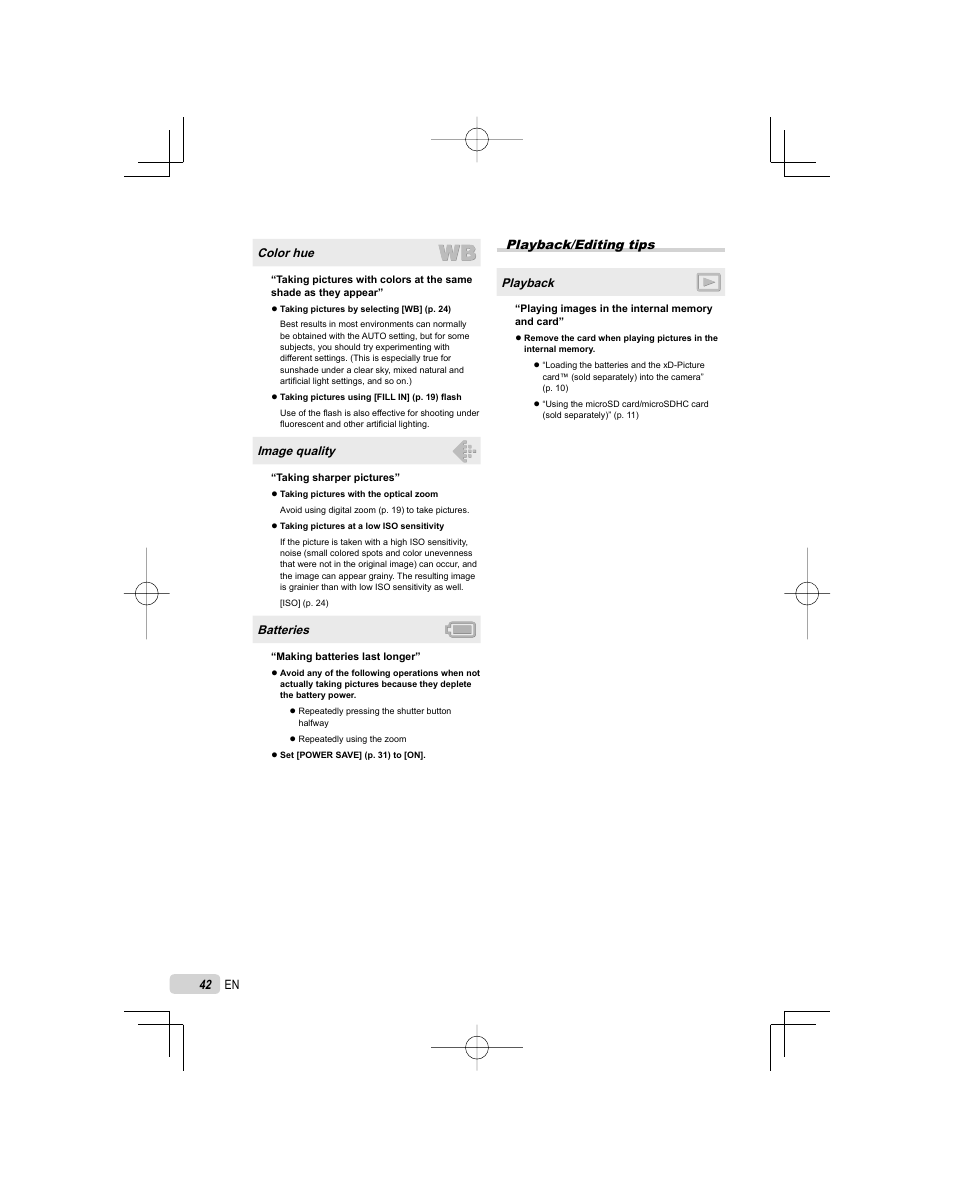 Playback/editing tips, En color hue, Image quality | Batteries, Playback | Olympus FE-25 User Manual | Page 42 / 62