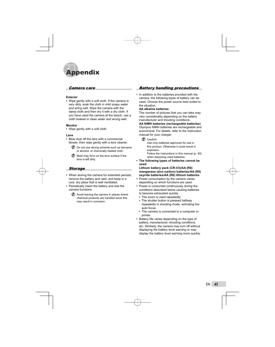 Appendix, Battery handling precautions, Camera care | Storage | Olympus FE-25 User Manual | Page 43 / 62