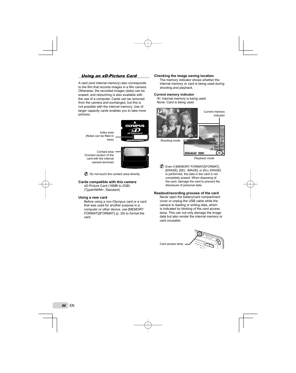 Using an xd-picture card | Olympus FE-25 User Manual | Page 44 / 62