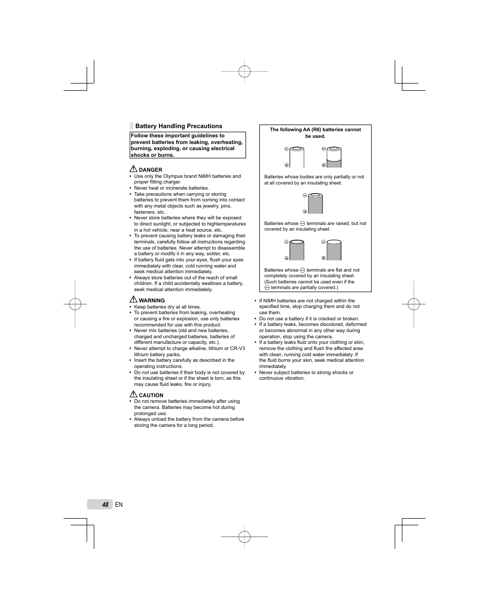 Battery handling precautions | Olympus FE-25 User Manual | Page 48 / 62