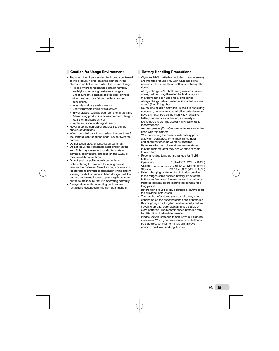 Caution for usage environment, Battery handling precautions | Olympus FE-25 User Manual | Page 49 / 62