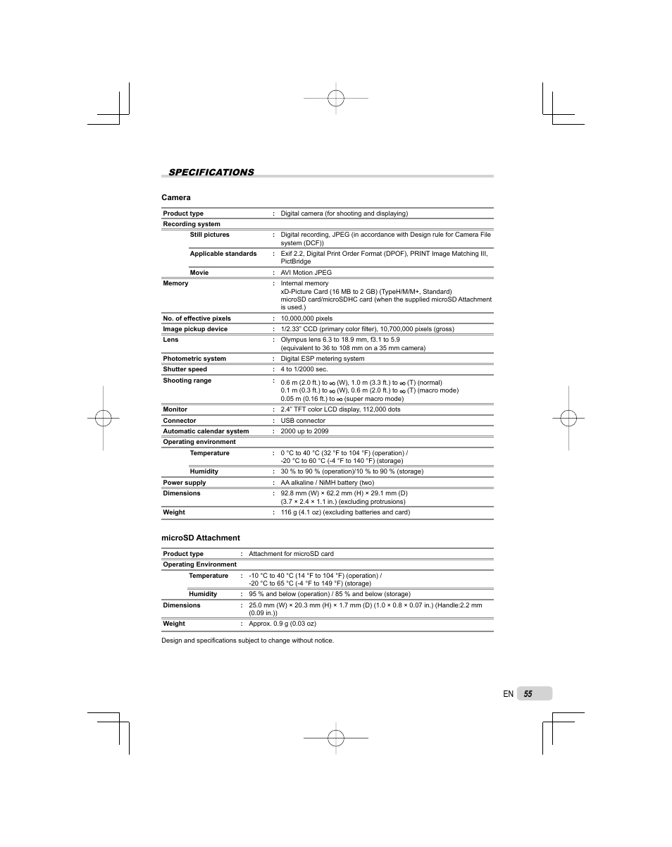 Specifications | Olympus FE-25 User Manual | Page 55 / 62