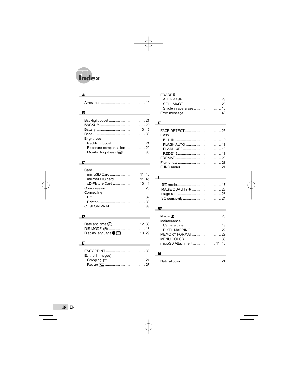 Index | Olympus FE-25 User Manual | Page 56 / 62