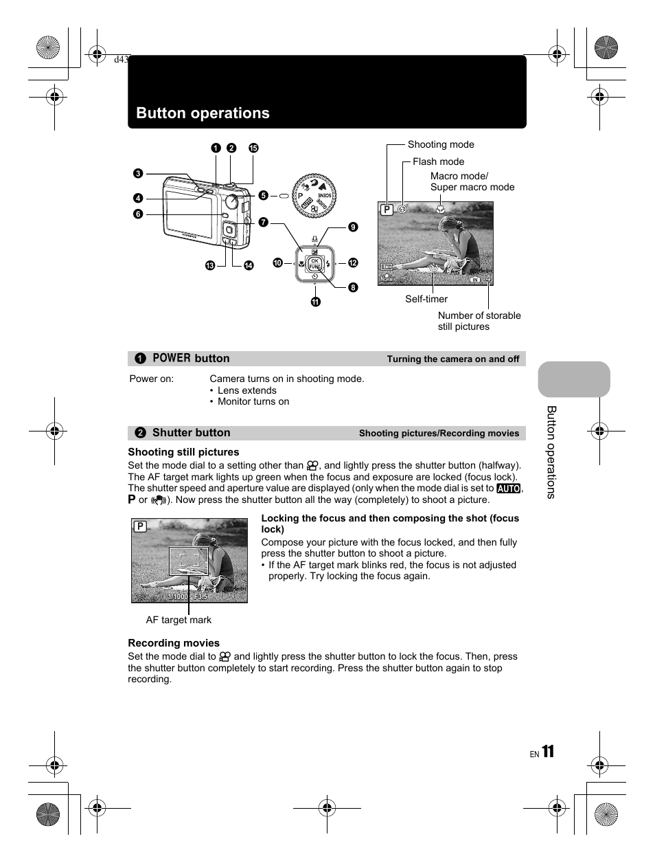 11 button operations, Button operations | Olympus FE-330 User Manual | Page 11 / 68
