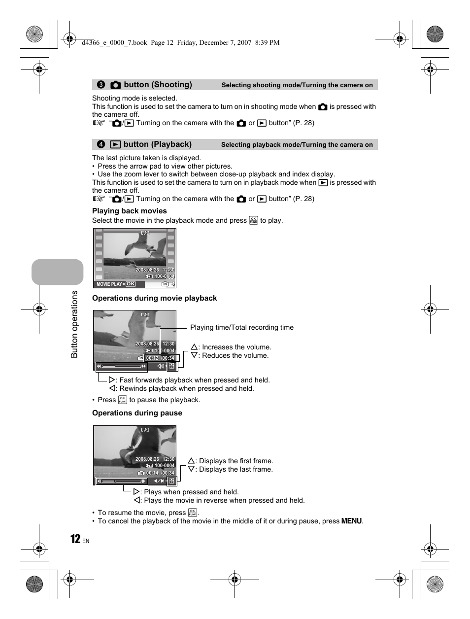 Button operations, K button (shooting), Q button (playback) | Olympus FE-330 User Manual | Page 12 / 68
