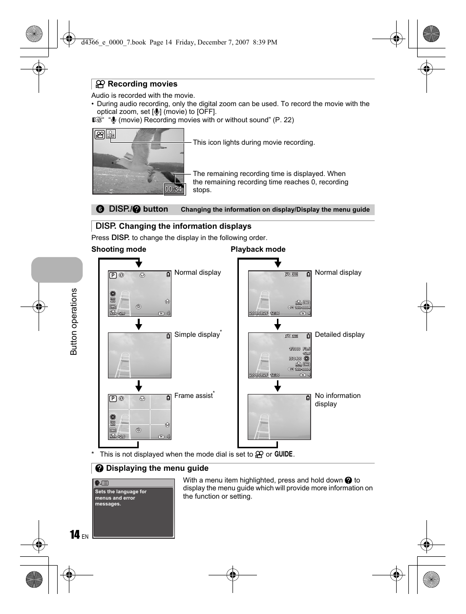 Button operations, N recording movies g / e button, Shooting mode | Playback mode, Frame assist, Simple display, Normal display, Normal display detailed display, No information display | Olympus FE-330 User Manual | Page 14 / 68